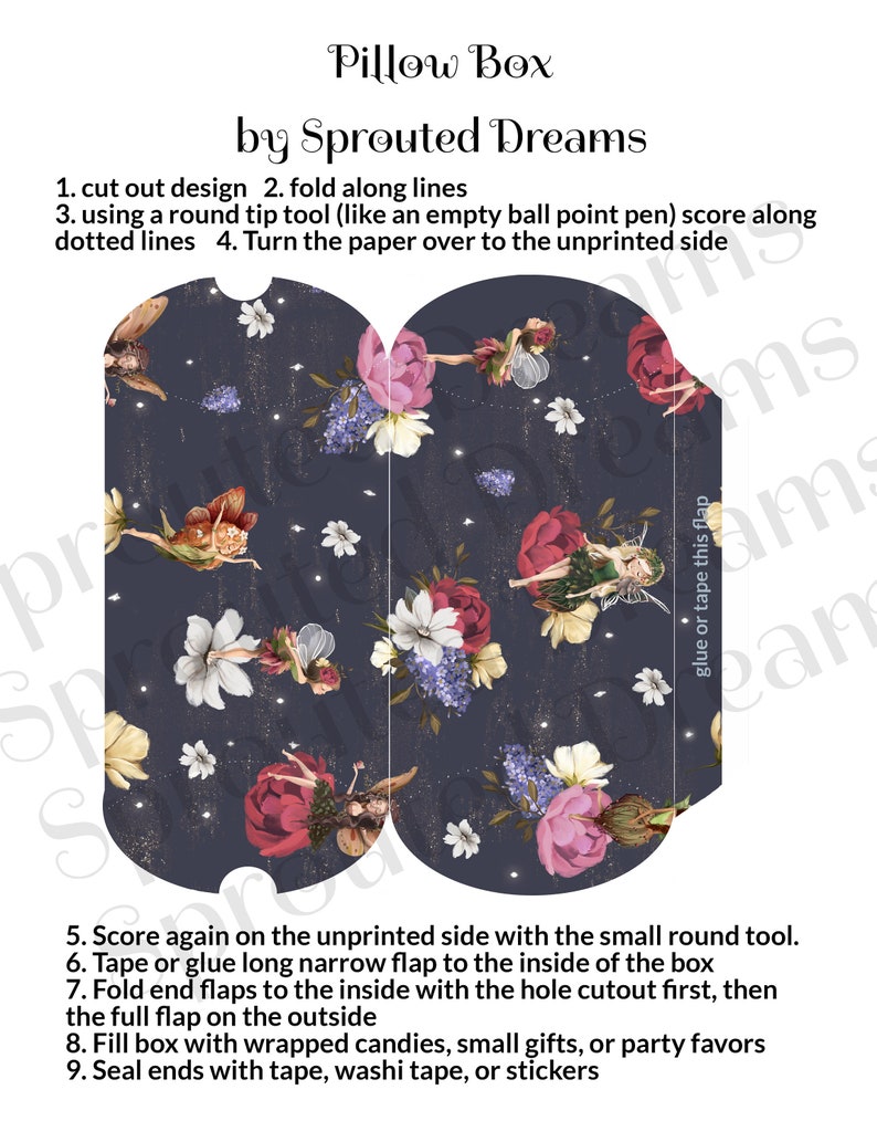 Pillow Box Set with 5 Fairies and Flowers in Large and Small Size to print at home Digital Blue Pillow Box with Fairies Set of Two image 3