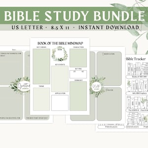 May include: Printable Bible study bundle with a green floral design. Includes a mind map, a SOAP study sheet, a gratitude journal, and a Bible tracker.