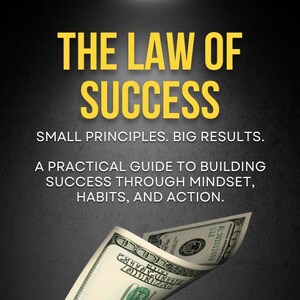 May include: Book cover with the title "THE LAW OF SUCCESS" in yellow, with the subtitle "SMALL PRINCIPLES. BIG RESULTS." and a guide to building success. Features a stack of US $100 bills. Author: Farhan Yousaf.
