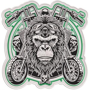 Puede incluir: Parche bordado con un gorila con gafas, con un diseño de motocicleta. El parche es principalmente en blanco y negro, con acentos verdes y grises. El gorila es el foco central, flanqueado por manillares y ruedas de motocicleta.