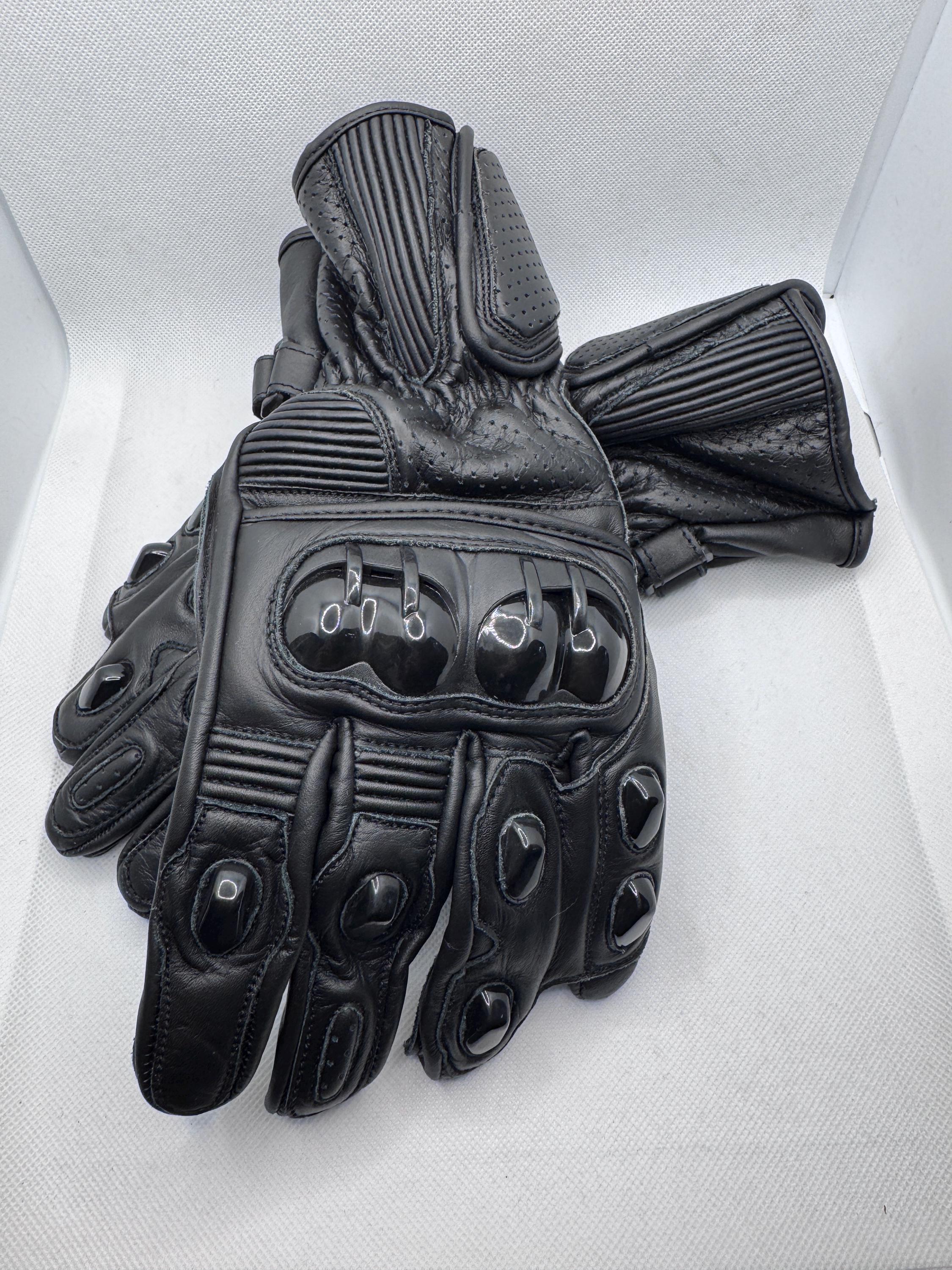 Jet Black Leather Motorcycle Gloves, Knuckle Protection - Etsy