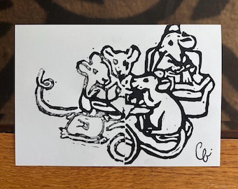Stampa originale con timbro di un topo che legge