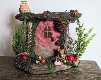 Red Teddy Bear Fairy Door, Fairy, Faerie door, Birthday Gift, Gift for Boy, Ready to Ship, Flower Fairies, Fairy Garden