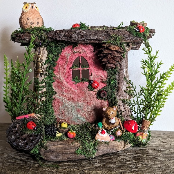 Red Teddy Bear Fairy Door, Fairy, Faerie door, Birthday Gift, Gift for Boy, Ready to Ship, Flower Fairies, Fairy Garden