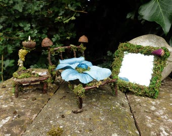 Fairy Garden Miniature Dollhouse TWIG TABLE Furniture Moss & Roses Hand Made USA 