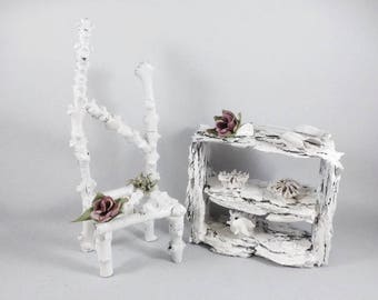 Flower Fairy White Furniture Set - Twig Furniture, Miniature Fairies, Winter Fairy, New Year, Garden Fairy, Fairy Garden, Fairy Furniture