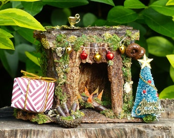 Miniature Christmas Fireplace - Fairy House, Dollhouse, Xmas Gift, Father Christmas, Home Decor, Fairy Garden, Fairy Furniture, Faery Art