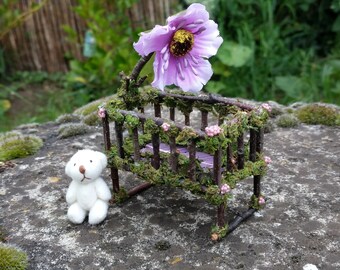 Baby Fairy Crib with Teddy Bear - Fairy Garden, Miniature Baby, Dollhouse Bedroom, Fairy Cot, Miniature Crib, Christening Gift, Baby Shower