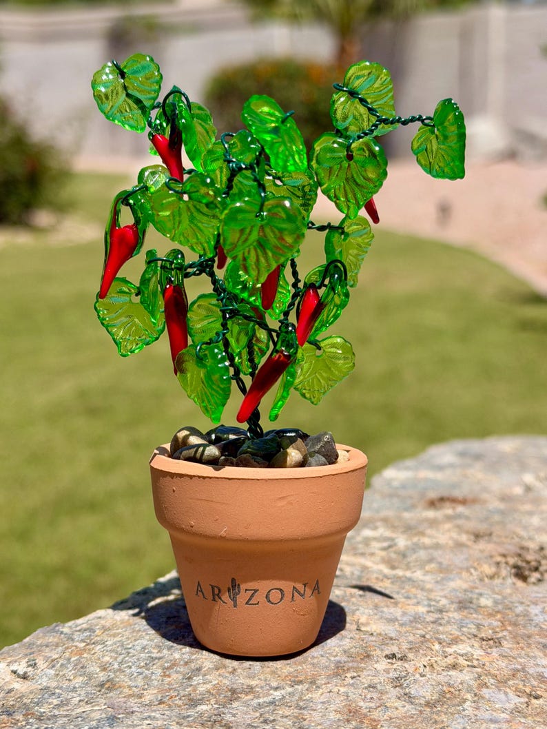May include: A decorative glass chili pepper plant with vibrant green leaves and bright red peppers attached to dark wire branches. The plant is potted in a small terracotta pot with the word ARIZONA printed on the front, filled with smooth stones.