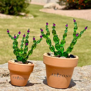 Pode incluir: Duas esculturas decorativas de cactos em vasos de terracota. Os cactos são feitos de contas de vidro verde com detalhes roxos, e os vasos estão inscritos com "ARIZONA". Os vasos são preenchidos com pequenas pedras.