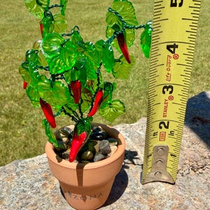 May include: A decorative glass chili pepper plant with bright red peppers and translucent green leaves on wire stems, potted in a small terracotta pot filled with smooth pebbles. A yellow measuring tape shows the plant is 5 inches tall.
