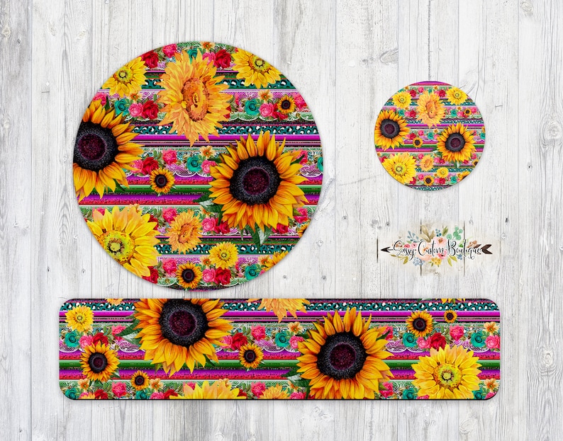 Sunflower Monogrammed Mouse Pad and Coaster Desk Set for Woman Funky Sunflower Mouse Pad and Wrist Rest Personalized Gift