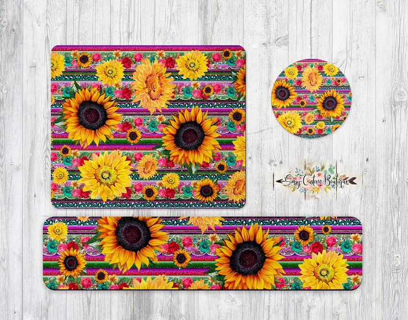 Sunflower Monogrammed Mouse Pad and Coaster Desk Set for Woman Funky Sunflower Mouse Pad and Wrist Rest Personalized Gift
