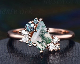Moss agate ring gold silver unique kite cut green moss agate engagement ring rose gold Alexandrite ring cluster engagement ring women gifts
