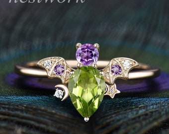 Vintage pear peridot engagement ring women solid 14k yellow gold cluster bat moon star amethyst ring unique antique anniversary ring gift