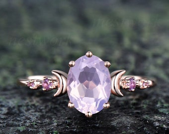 Oval natural Lavender Amethyst ring vintage five stone 14k rose gold moon unique engagement ring women 6 prong promise bridal wedding ring