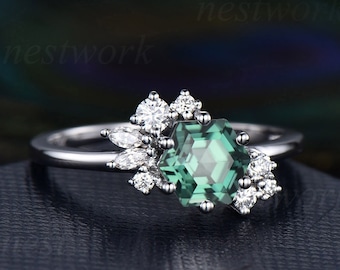 Hexagon cut engagement ring Green sapphire engagement ring unique cluster Teal sapphire engagement ring white gold moissanite ring women