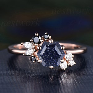 Hexagon Blue Sandstone Ring Unique Blue Sandstone Engagement Ring For Women 14K Rose Gold Cluster Marquise Moissanite Diamond Wedding Ring