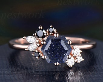 Sechseck Blauer Sandstein Ring Unikat Blauer Sandstein Verlobungsring für Frauen 14K Rose Gold Cluster Marquise Moissanit Diamant Ehering