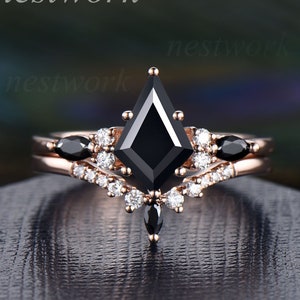 kite cut Black onyx ring set rose gold unique engagement ring set moissanite ring marquise cut black spinel ring black stone ring for women