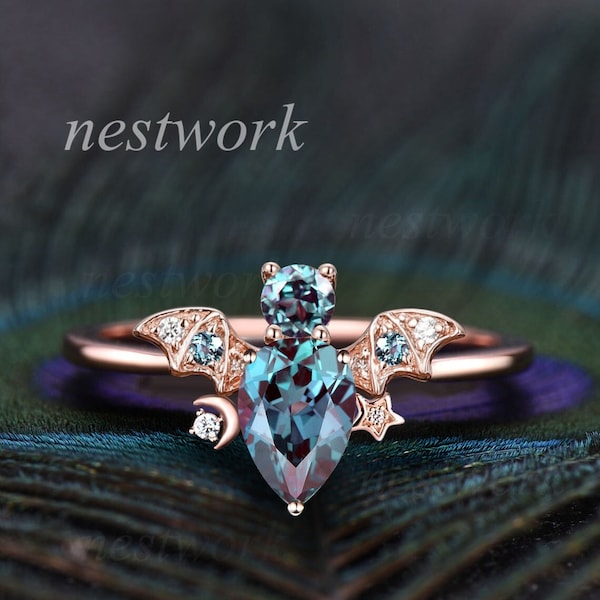 Vintage pear alexandrite engagement ring solid 14k rose gold cluster bat moon star diamond ring unique antique bridal wedding ring women