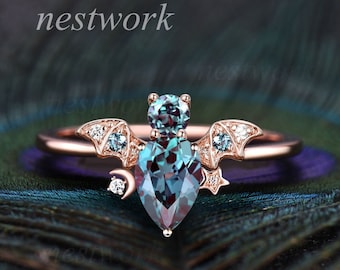 Vintage pear alexandrite engagement ring solid 14k rose gold cluster bat moon star diamond ring unique antique bridal wedding ring women