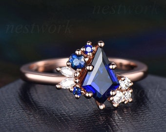 Sapphire ring vintage kite cut sapphire engagement ring rose gold art deco cluster moissantie ring women 925 sterling silver gift promise