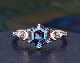 Vintage Hexagon alexandrite engagement ring moon five stone pear moss agate ring rose gold emerald ring women unique anniversary ring gift