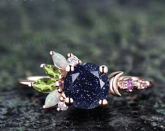 Vintage blue sandstone engagement ring cluster amethyst opal peridot ring rose gold moon ring birthstone gemstone dainty bridal ring women