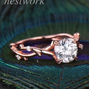 Vintage Moissanite Engagement Ring, 14k Rose Gold Unique Leaf Branch Diamond Ring, 6.5mm Round 1 Carat Twig Vines Moissanite Rings for Women