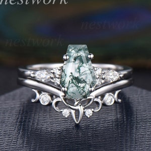 Coffin shaped green moss agate ring white gold sterling silver marquise cut diamond ring set unique engagement ring women wedding ring set