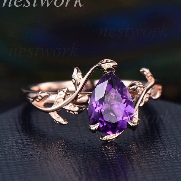 Pear purple amethyst engagement ring unique nature inspired engagement ring solitaire rings 14k rose gold silver ring anniversary ring gift