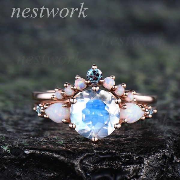 Vintage moonstone opal engagement ring round five stone 14k rose gold 6 prong bridal set women color change gemstone wedding ring set gift