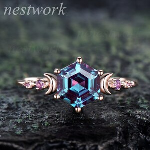 Hexagon cut alexandrite ring vintage five stone amethyst ring rose gold moon unique engagement ring women gemstone anniversary ring gift