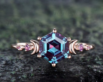 Hexagon cut alexandrite ring vintage five stone amethyst ring rose gold moon unique engagement ring women gemstone anniversary ring gift