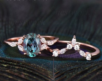 Oval cut Alexandrite ring gold silver vintage Alexandrite engagement ring rose gold flower unique engagement ring diamond wedding ring set