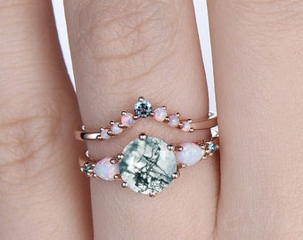 Vintage moss agate opal engagement ring round five stone 14k rose gold 6 prong bridal set women gemstone bridal wedding ring set gift