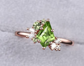 Peridot ring gold unique kite cut green Peridot engagement ring rose gold cluster 6 prong engagement ring women August birthstone ring gifts