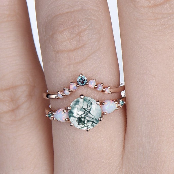 Vintage moss agate opal engagement ring round five stone 14k rose gold 6 prong bridal set women gemstone bridal wedding ring set gift