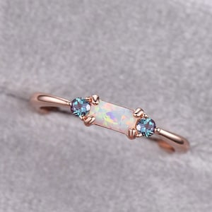 Baguette cut opal engagement ring 14k rose gold three stone opal ring for women dainty Alexandrite ring silver wedding anniversary ring gift