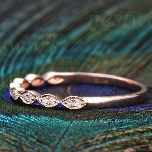 Real Diamond Wedding Band Stackable Half Eternity Ring,14k Rose Gold Moissanite Ring Art Deco Milgrain Matching Anniversary Rings For Women