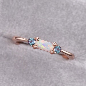 Baguette cut opal engagement ring 14k rose gold three stone opal ring for women dainty Alexandrite ring silver wedding anniversary ring gift