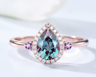 Alexandrite ring gold unique pear shaped Alexandrite engagement ring halo diamond ring women amethyst ring anniversary wedding ring gifts