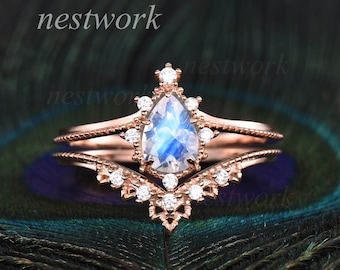 Vintage Moonstone Wedding Set-Pear Moonstone Engagement Ring Set Rose Gold-Silver Gold Moonstone Ring-Art Deco Promise Ring For Women