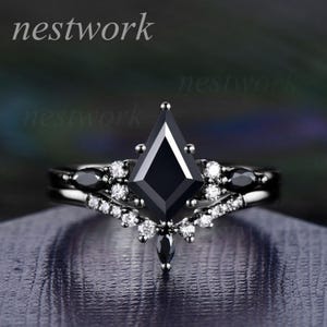 kite cut Black onyx ring set rose gold unique engagement ring set moissanite ring marquise cut black spinel ring black stone ring for women