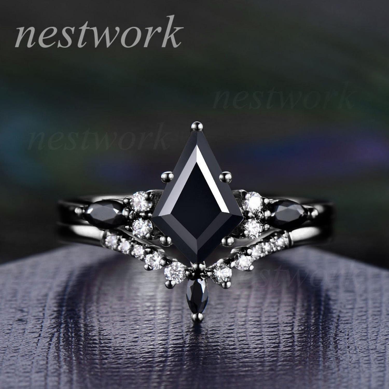 kite cut Black onyx ring set rose gold unique engagement ring set moissanite ring marquise cut black spinel ring black stone ring for women
