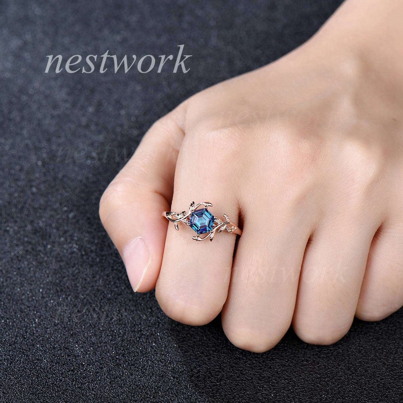 Hexagon Alexandrite engagement ring Leaf Vine Shape Design Ring minimalist unique vintage ring 14k rose gold promise ring wedding ring image 5