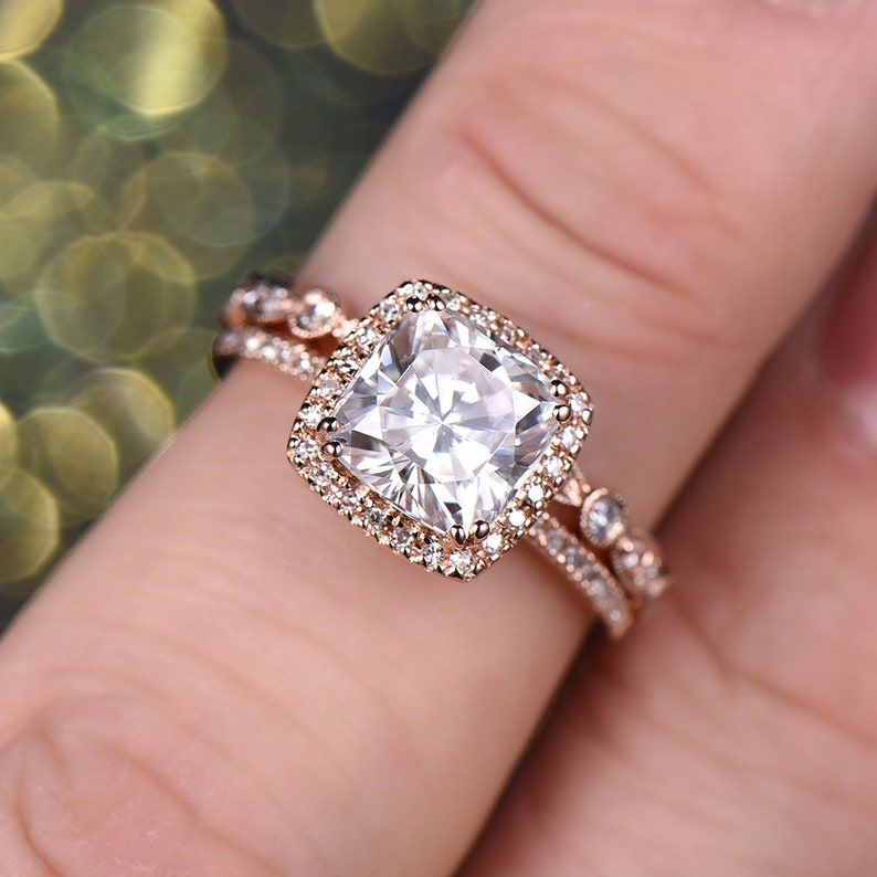 2 Carat Moissanite Engagement Ring Set Rose Gold Bridal Ring Etsy