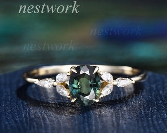 Vintage Teal Sapphire Ring Art Deco Oval Cut Green Blue Sapphire Engagement Ring Unique Seven Stone Pear Shaped Moissanite Ring For Women