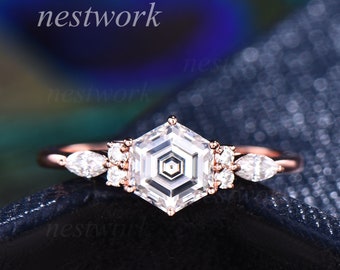 1 Carat Hexagon Moissanite Engagement Ring 14k Rose Gold Vintage Diamond Wedding Band Cluster Marquise Cut Moissanite Bridal Rings For Women